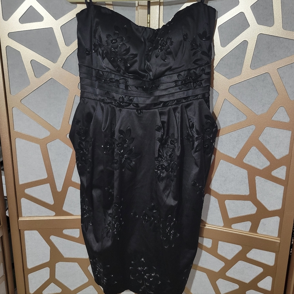 NWOT SNAP Black Strapless Sweetheart Satin Dress With POCKETS!